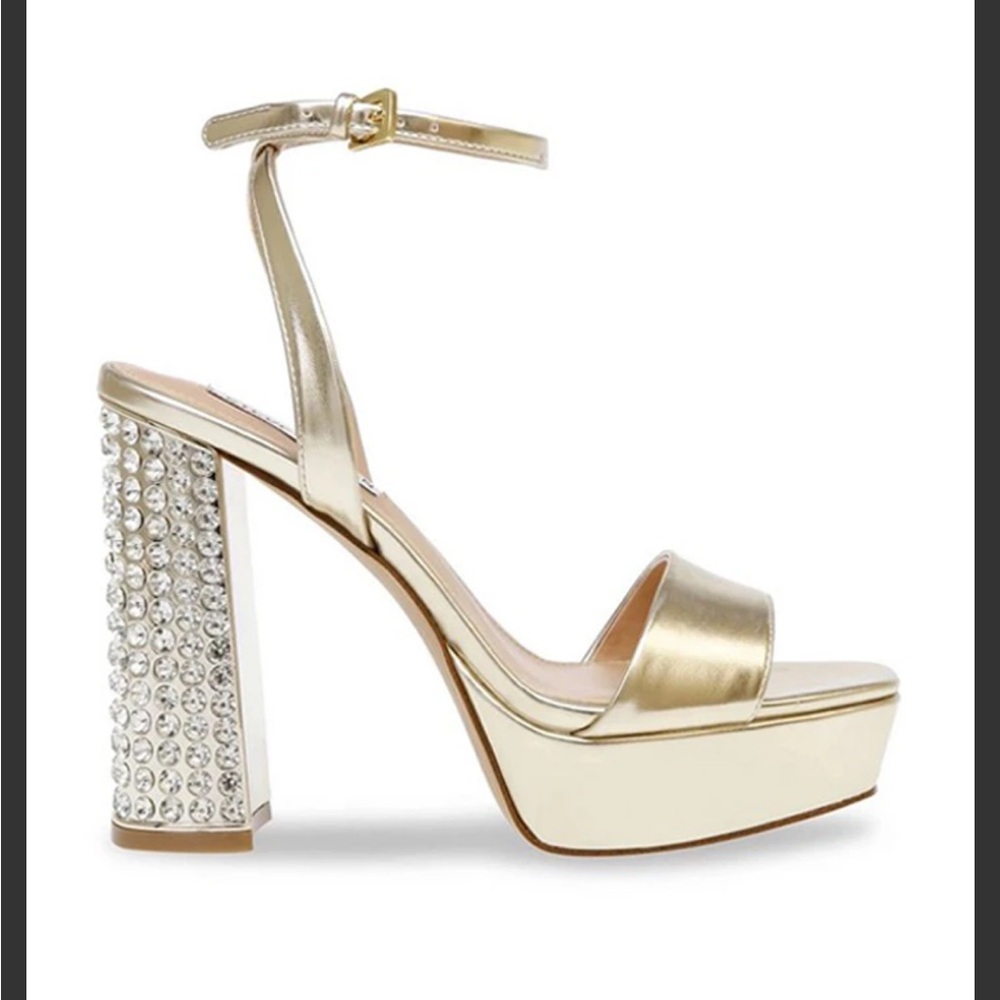 Gold Platform Ankle-Strap Sandal with Crystal Block Heel NWOT